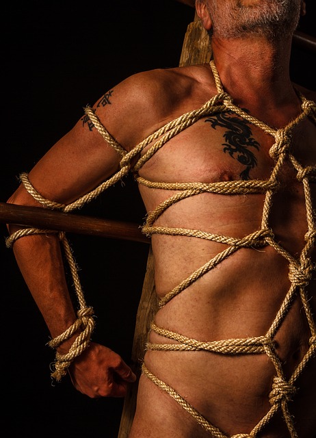 Image shows a male body from neck to just above the pelvis, bound in an intricate rope design